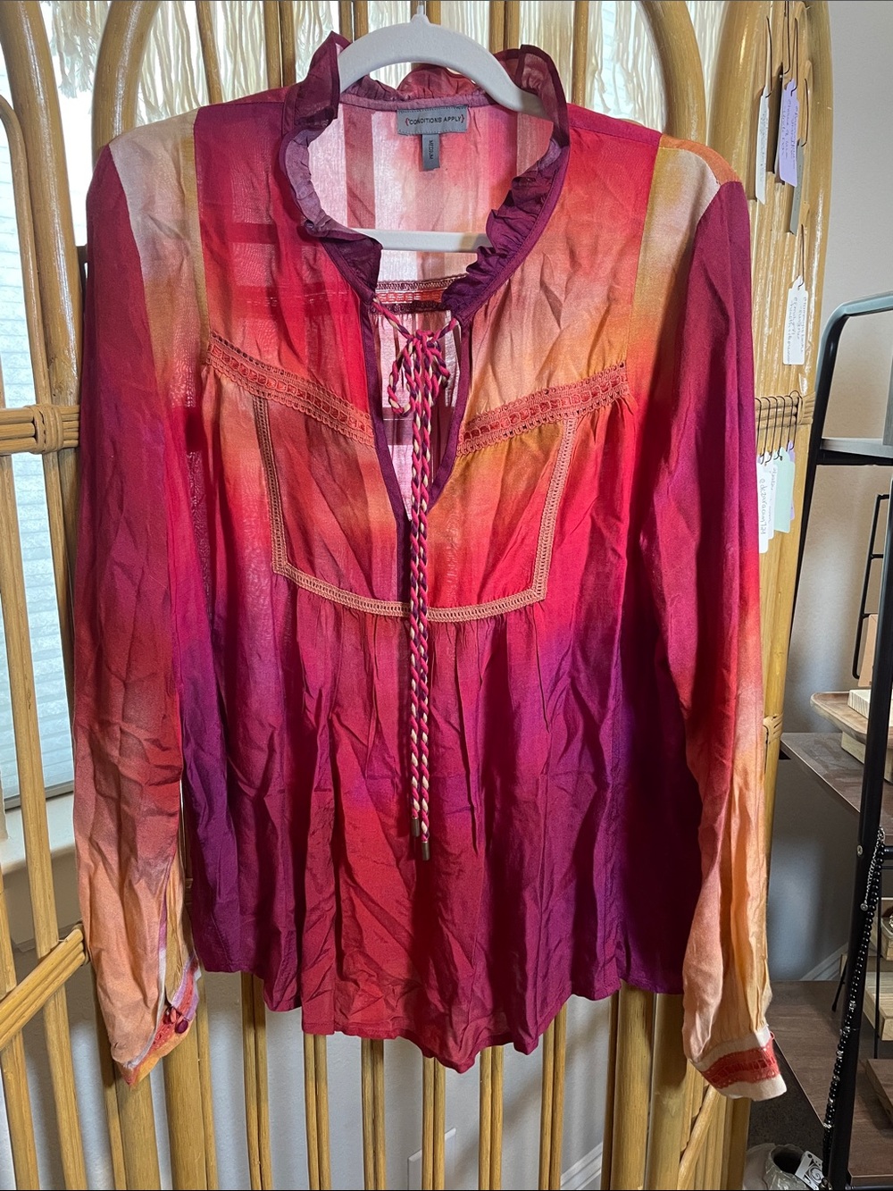 Conditions Apply Tie-Neck Ombre Peasant Blouse in Warm Sunset Colors - Picture 5 of 8